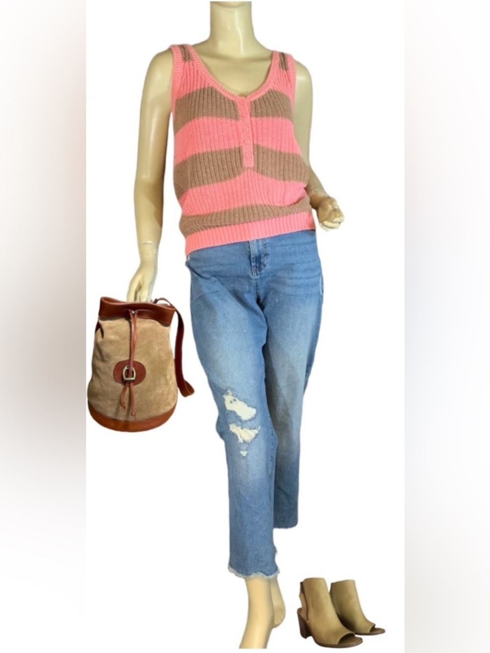 VINTAGE 1980'S CORAL & BROWN COLOR BLOCK L.S.A. CLASSICS SLEEVELESS SWEATER (S)